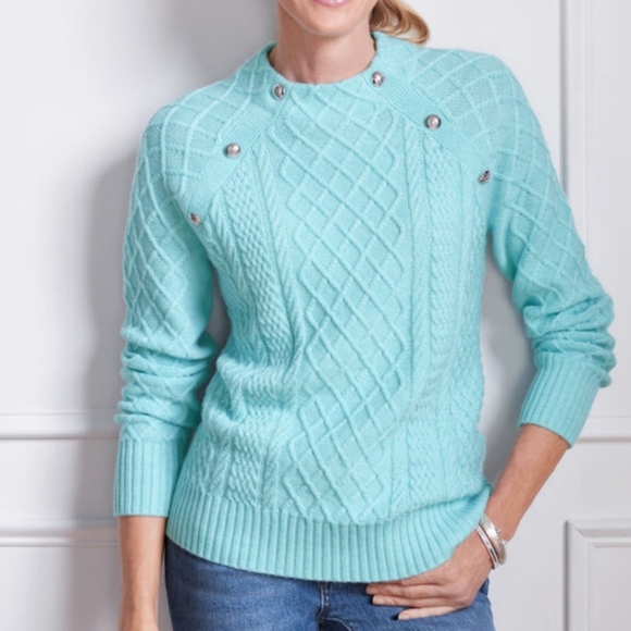 Talbots Sweaters - Talbots Light Blue Mock Neck Cable Knit Sweater with Silver Buttons Size Petite